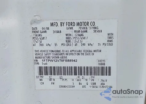 2008 Ford F-150 60Th Anniversary/Fx2/King Ranch/Lariat/Xlt из США, поврежденный, VIN 1FTPW12V78FB88942